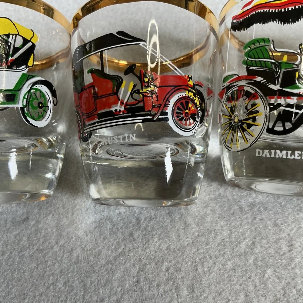 Vintage Car Shot Glass Set Gold Rim Barware 5pc Retro Auto Design‎